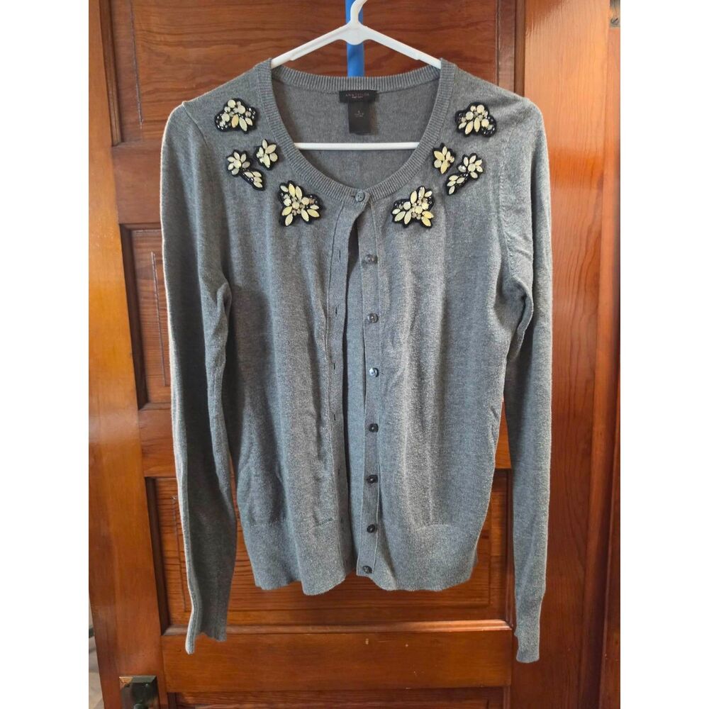 Ann Taylor Factory Women’s Small Gray Jeweled Embellished Button Cardigan